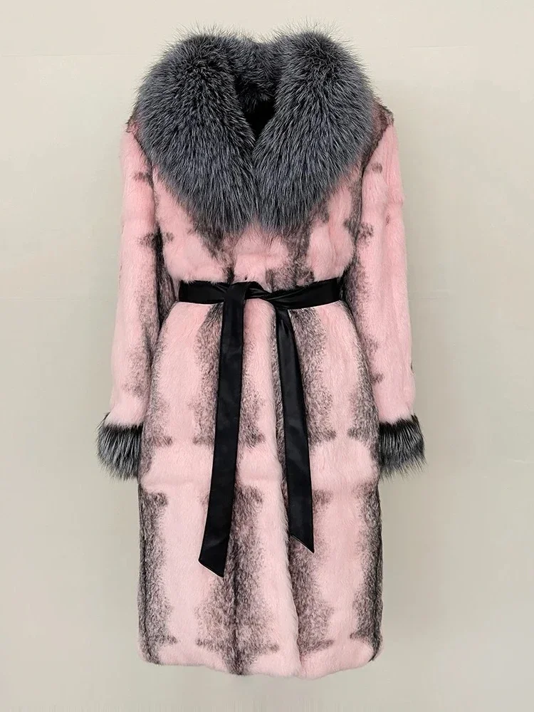 

2025 Winter Clothing Women Long Fox Fur Clooar Coat Natural Rabbit Fur Jacket Female Fashion Warm Leather Belt Overcoat