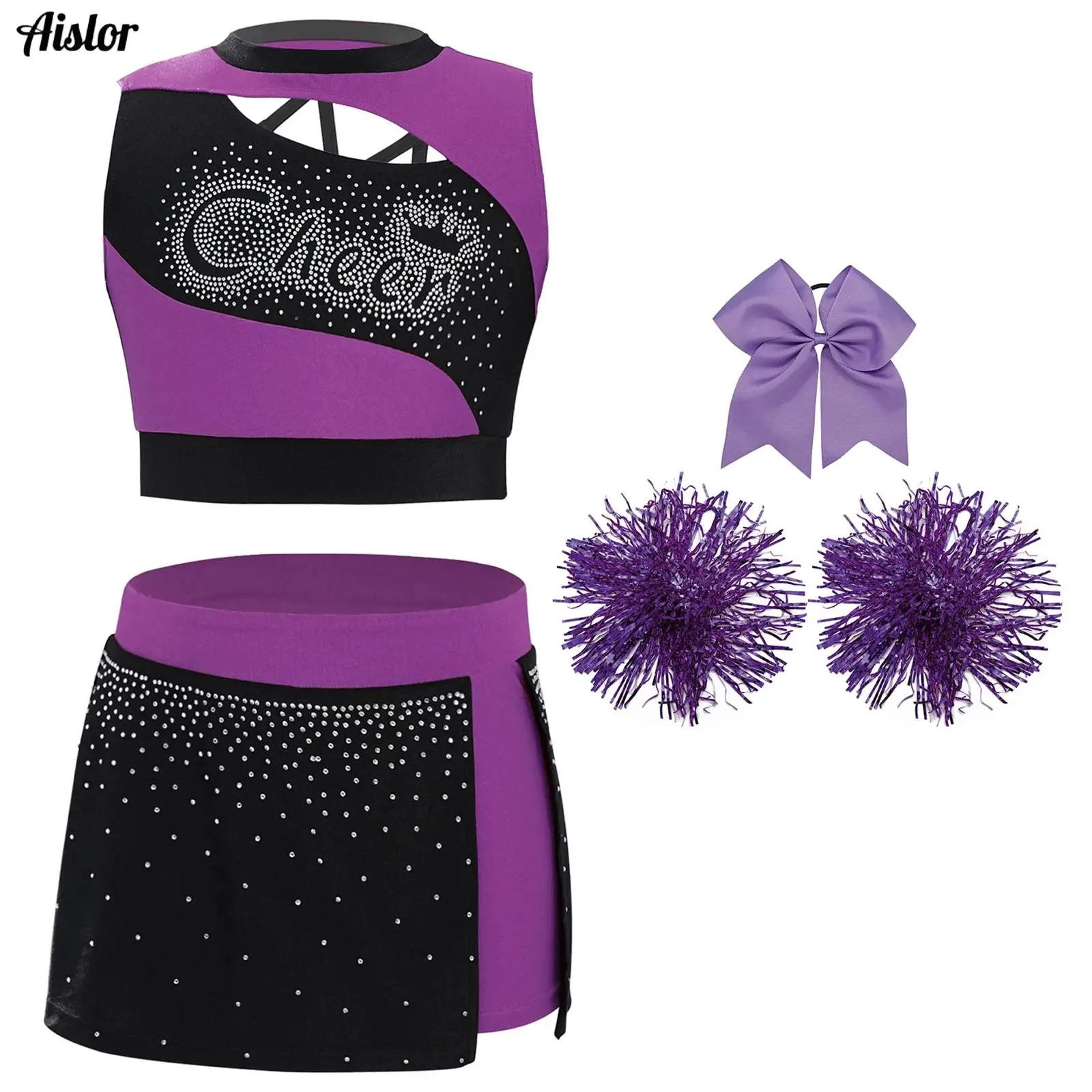 Kids Girls Cheerleading Uniform Jazz Dance Outfit Sleeveless Shiny Rhinestones Crop Top+Side Slit Skirt+Headwear+Flower Balls