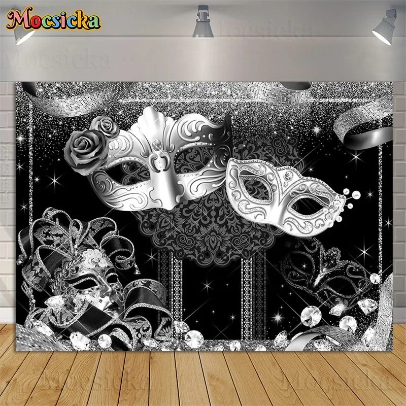 

Mocsicka Masquerade Photography Backdrops Shiny Gray Mask Diamond Adult Woman Birthday Party Decoration Background Photo Studio