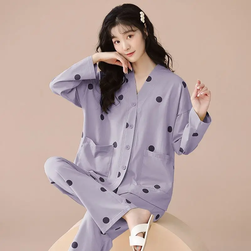 Cotton Sleepwear Dot Printed Pajamas Suit V-neck Cardigan Coat and Pants Two Piece Set Casual Home Clothes for Women in Autumn