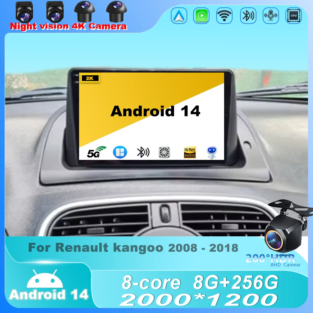 

Car Radio For Renault kangoo 2008 - 2018 Android 14 Multimedia Video Player GPS Carplay Android Auto NO 2DIN DVD Head Unit 4G BT