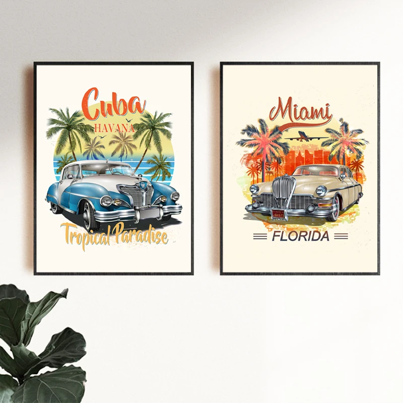 Cuba Beach Wall Art Canvas Painting Retro Car Poster Miami Palm Vintage Prints Wall Pictures for Living Room Bedroom Home Dec