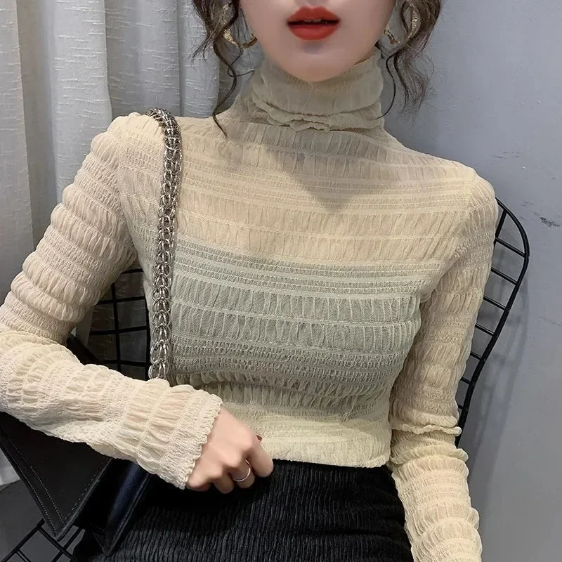 Women T Shirt See Through Transparent Mesh Tops Long Sleeve Slim Ladies Turtleneck High Elasticity T-Shirt Autumn Tees