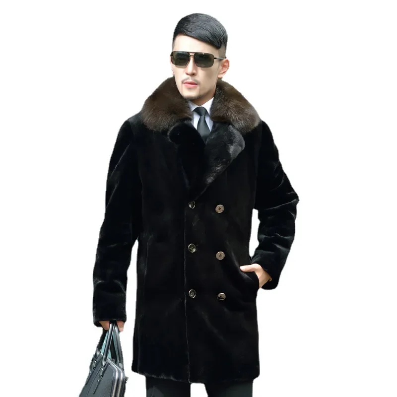 Suit Collar Double-breasted Faux Fur Coat Men Luxury Brand Winter Thick Warm Fur Coat Slim Korean Trench Coat Long Sleeve New