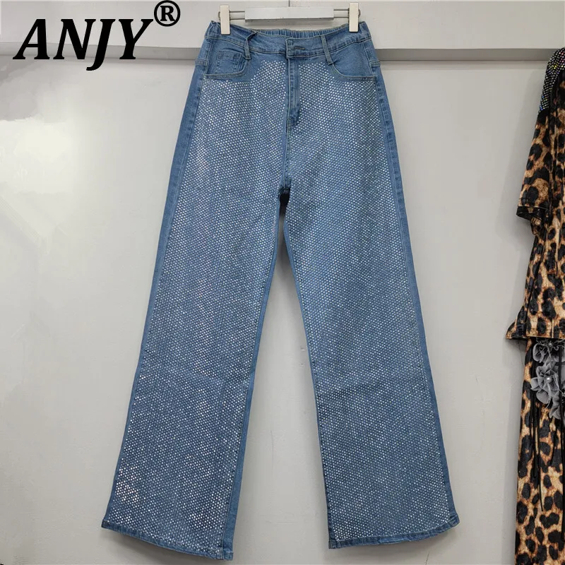 

ANJY Autumn Winter New Women's Jeans Fashion Studded Diamonds Shiny High-End Versatile Casual Slimming Trendy Denim Pants A15673