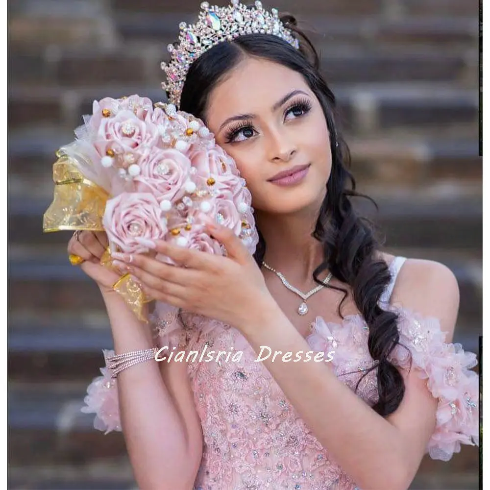 Rosa 3d flores apliques quinceanera vestido de baile fora do ombro glitter cristal espartilho vestidos xv años