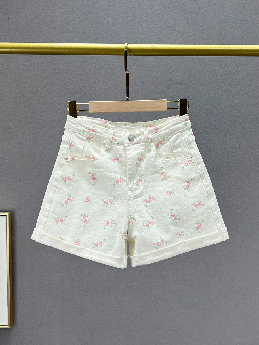 

Белые джинсовые шорты женские с высокой талией, эластичные, утягивающие, универсальные, с принтом, А-силуэт, летние, модные, новинка 2024 года