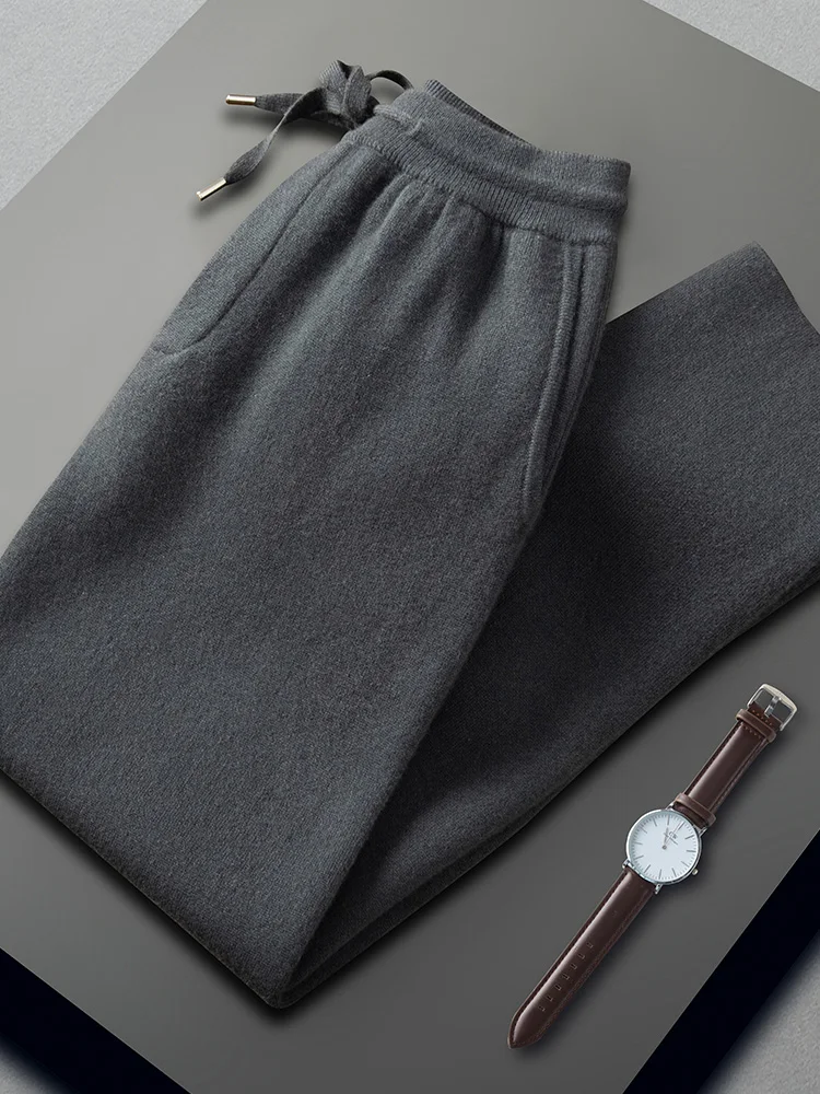 Autumn Winter 100% Goat Cashmere Men's Straight pants Soft Warm High Waist Trousers Air Layer Thickened Knitwear Pants Popular