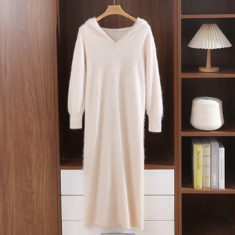 Autumn Winter Women 100% Mink Cashmere Long Sleeve Hooded Sweater Dress V Neck Smooth Solid Knit Calm Unfussy Relaxed Knitwear