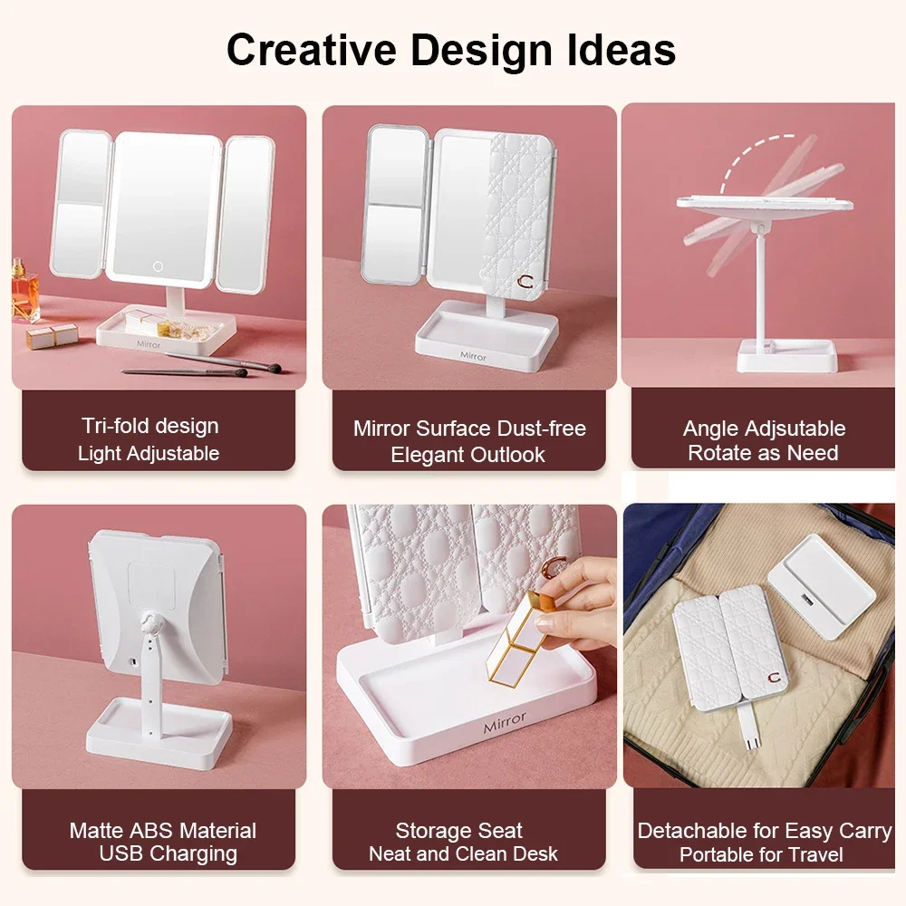 Dreifach faltbarer Make-up-Spiegel mit LED-Licht, drehbarer, niedlicher, kompakter Schreibtisch-Kosmetikspiegel, 3-Ton-Lichter mit 2-facher/3-facher Vergrößerung für Reisen