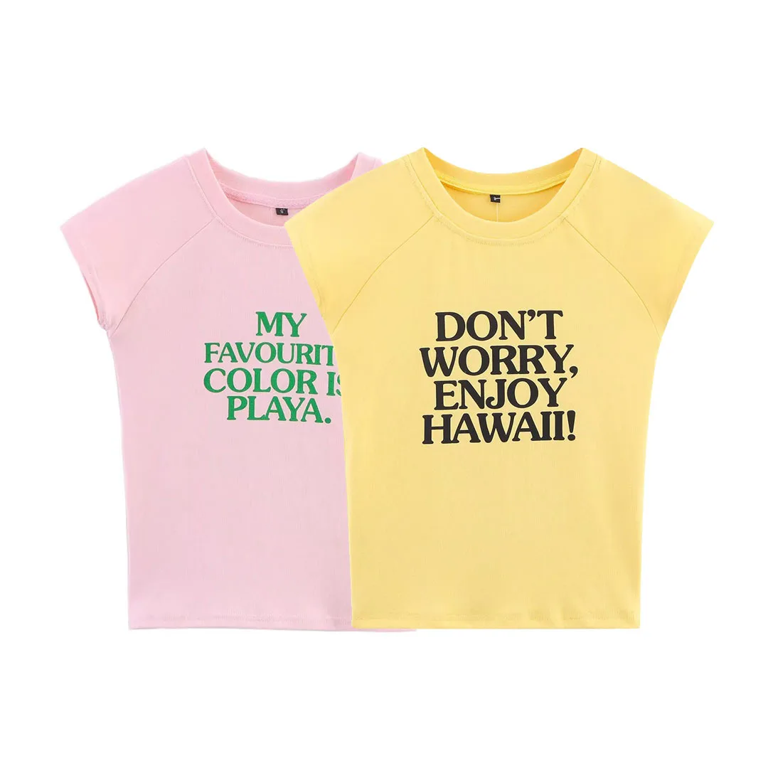 

Aesthetic Ribbed O-Neck Short Sleeves T-shirts for Women with Contrasting Text Elegant Slim Fit Text Print Cotton Tees Kpop Tops