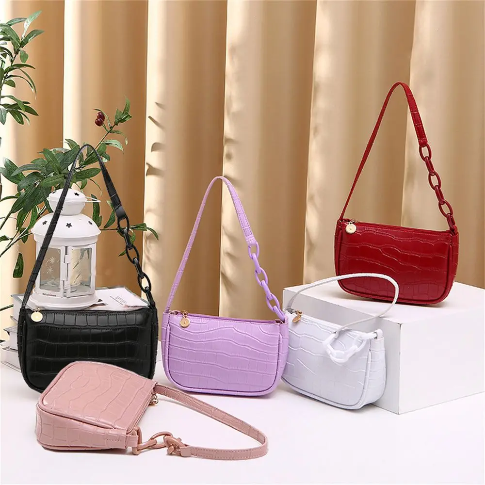 Fashion Women Small Shoulder Underarm Bag PU Leather & Nylon Ladies Vintage Pure Color Zipper Mini Purse Handbag