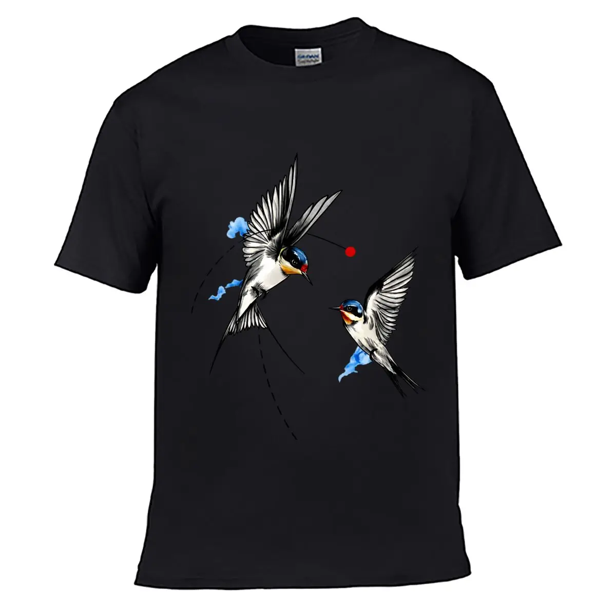 Two Flying Swallows Blue Clouds Bird Illustration Street Loose Simple Tee