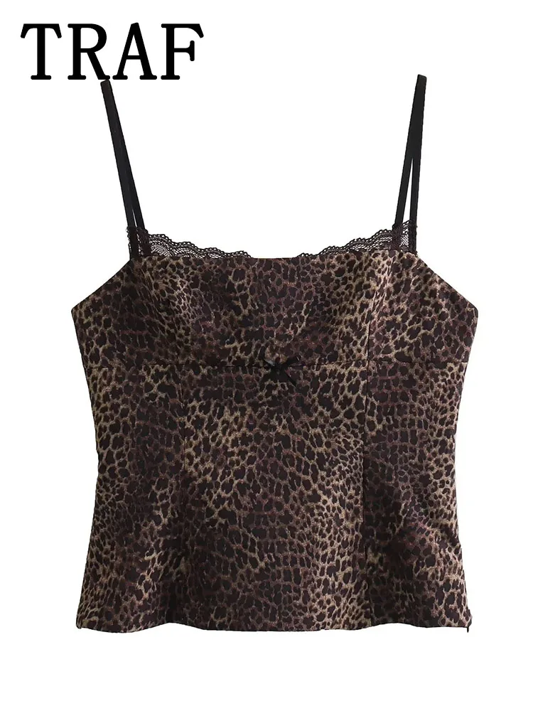 TRAF 2024 Leopard Print Crop Top Female Off Shoulder Short Tops For Women Sleeveless Backless Tank Top Woman Sling Sexy Tops