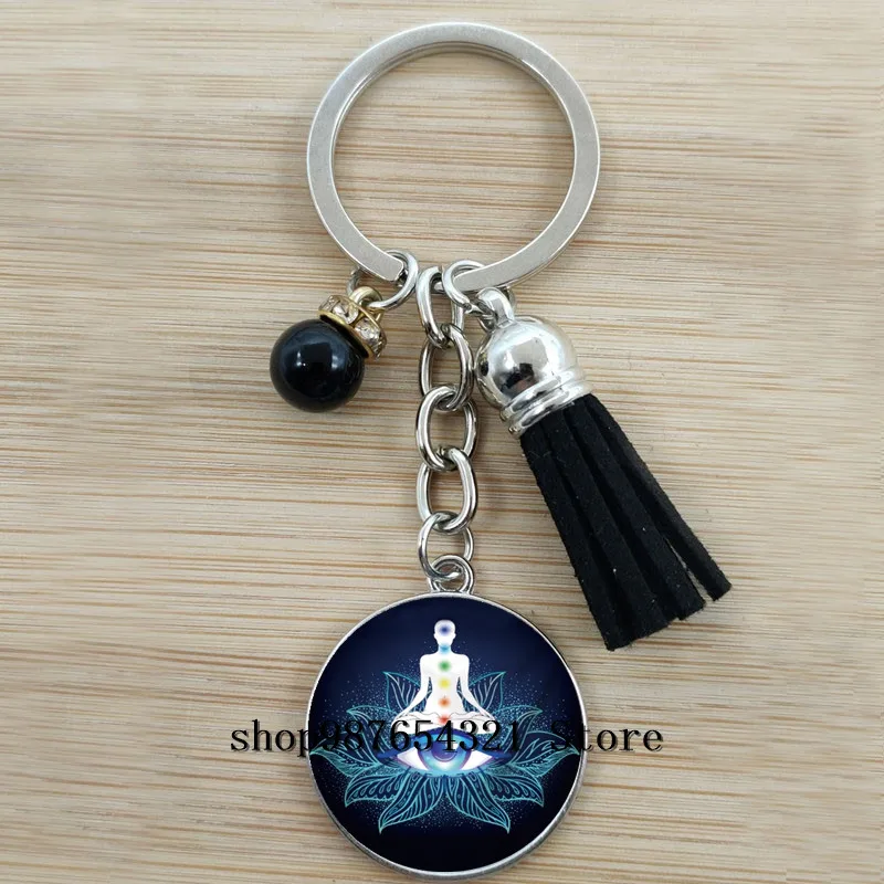 Hindi Buddha meditációt 7 chakra keychain Mandala psychedelic Jóga Boltíves üvegek keychain, autó Olvasottság ékszer számára férfiak majd Nők