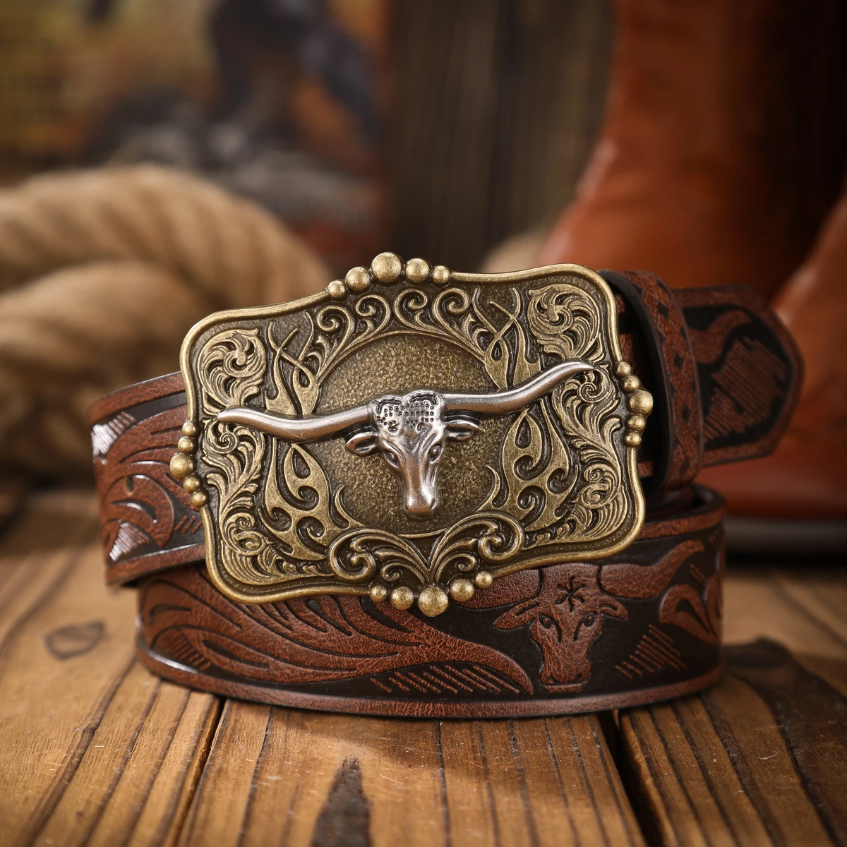 1pc Western Cowboy Style Belt - Suitable for Both Men and Women. Metal Western Buckle. PU Embossed Vintage Belt