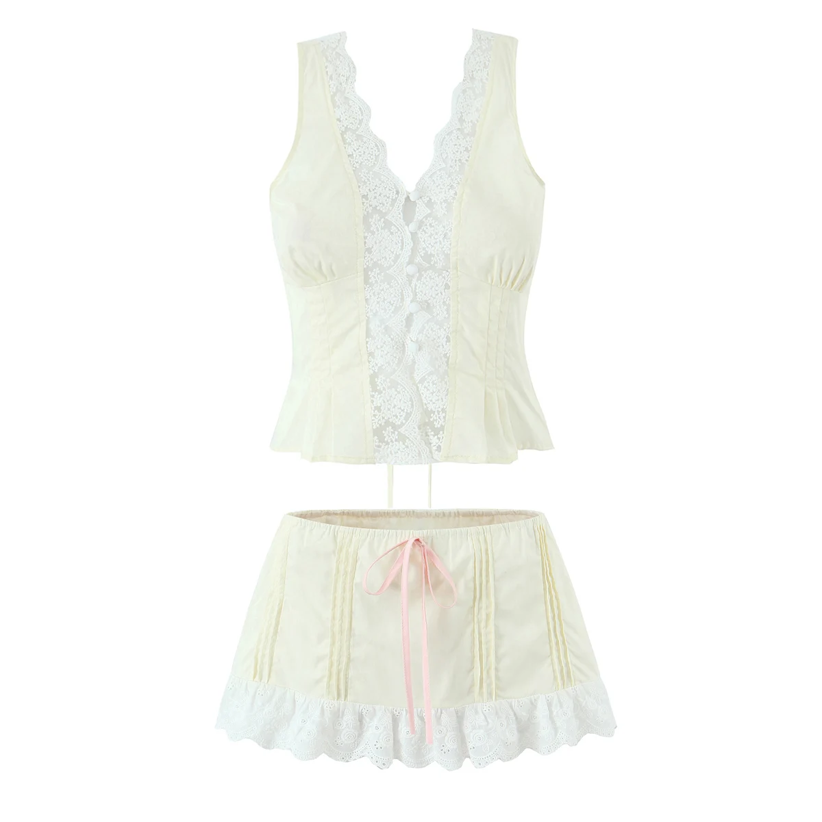 2 kolory 2025 Sexy Splice Lace Through Buttons Tank Top + Elastic Zipper Low Waist Wood ears Ruffle Hem Mini Skirt 2 Pieces 1 Set