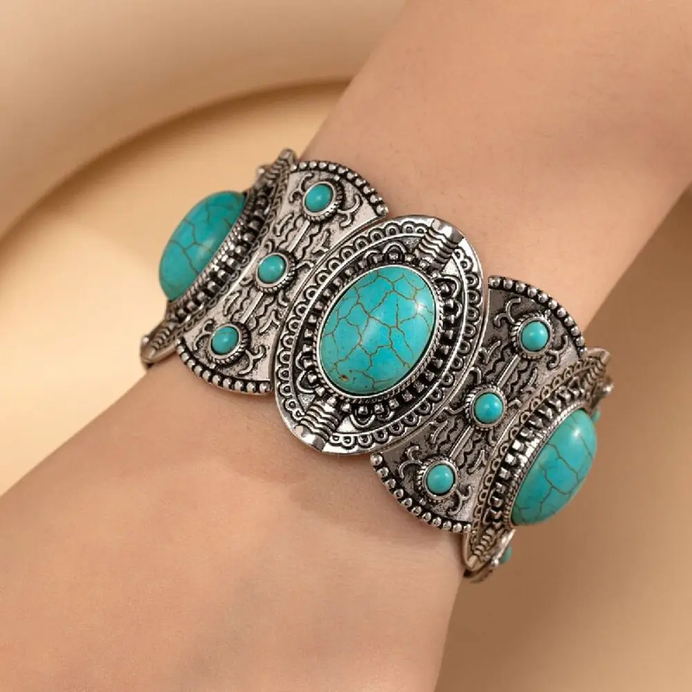 Tribal Wide Elastic Bangle Ethnic Style Western Country Style Turquoise Bracelet Minority Design Alloy Bohemian Bangles Gift