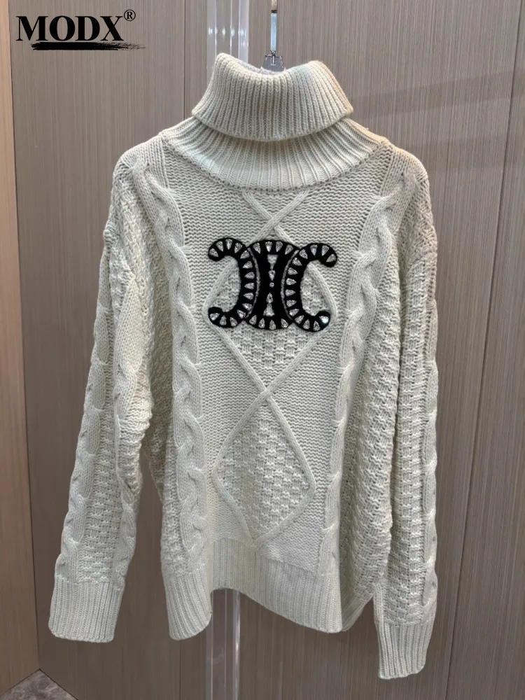 [MODX] 24 Autumn And Winter New Casual Beaded Solid Fried Dough Twists High Neck Loose Skinny Knitting Sweater Top