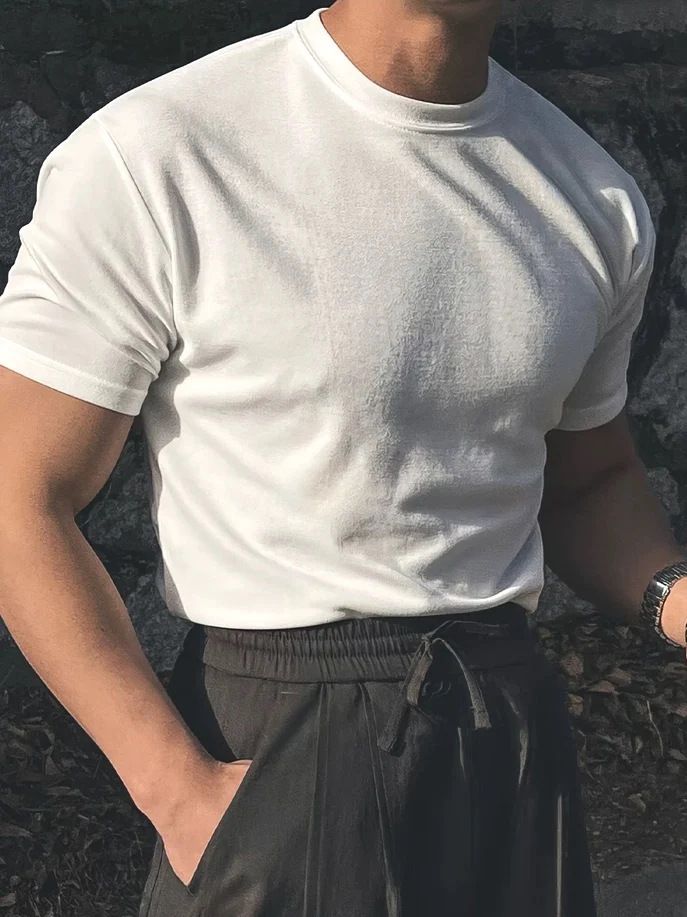 American Style Men's Short Sleeve Knitted T-Shirt Core Spun Yarn Breathable Slim Fit Shoulder Correcting Sleeve Cuff Cool Fee...