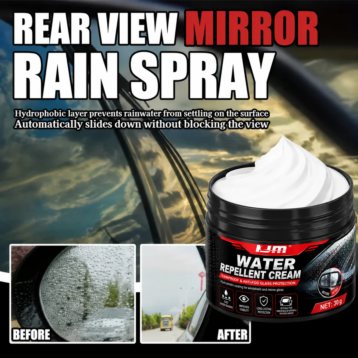 KJM -30g Car Glass Waterproof Paste Nano Hydrophobic Coating Anti Rain Anti Fog For Windshield Mirror Bathroom Glass view 3