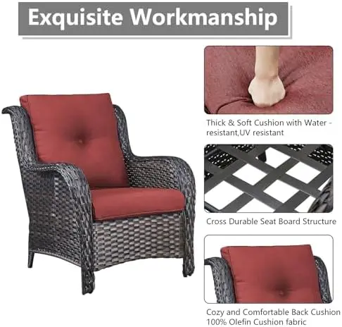 3-Piece Wicker Bistro Set with Chair & Side Table (Brown/Red)