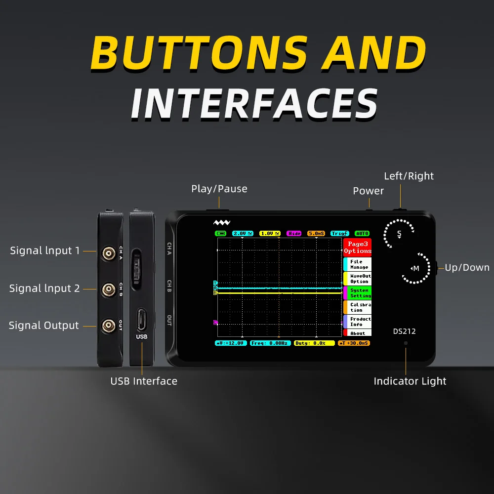 DS212 Portable Digital Oscilloscope 2 Channels 1MHz Bandwidth 10MSa/s Sampling Rate Mini Osciloscopio with Soft Silicone Boot