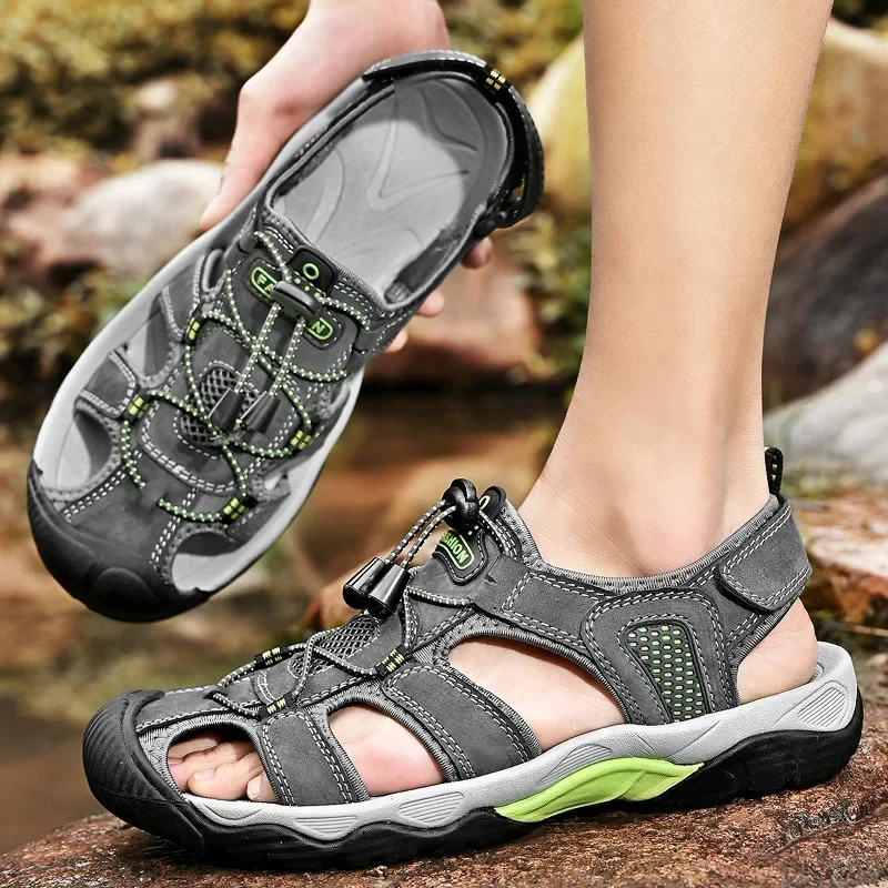 

Genuine Leather Men's Sandal Summer Anti-collision Toe Outdoor Walking Treking Casual Shoes for Men Hiking Beach Wading Shoes