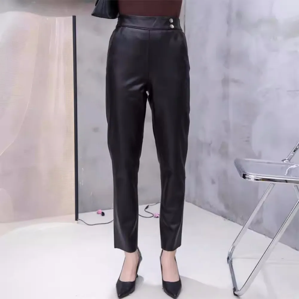 2023 Spring Autumn Brand New Designer OL Leather Pants High Quality Sheepskin Straight-pant B829