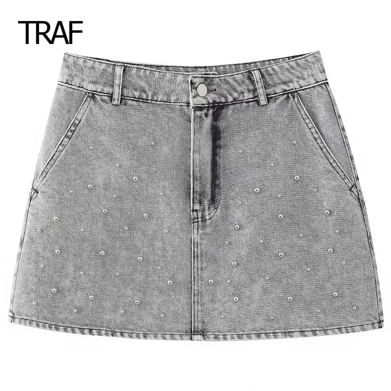 

TRAF Low Waist Short Skirt New In Skirt Women's Skirt Spring Summer 2024 Pearls Denim Skirt Korean Style Skirts Elegant Skirts