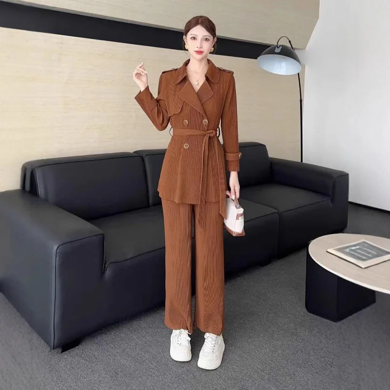 Miyake conjunto de calças plissadas 2025 outono novo terno plissado de renda terno feminino trespassado terno colarinho simples conjunto completo de 2 peças