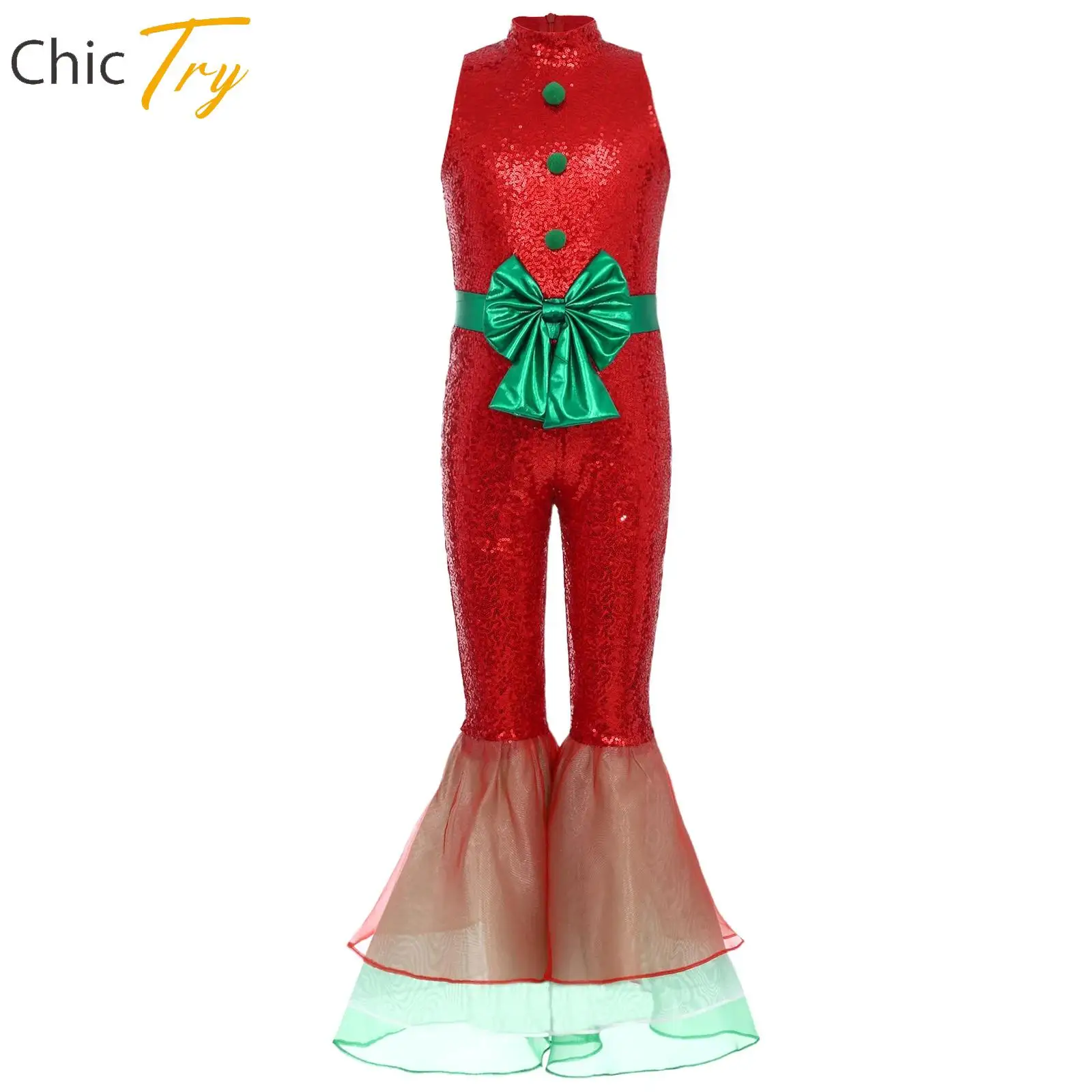 

Christmas Princess Jumpsuit Cute Girl Birthday Party Prom Sparkly Sequin Sleeveless Pompom Bowknot Tiered Flared Legs Jumpsuit