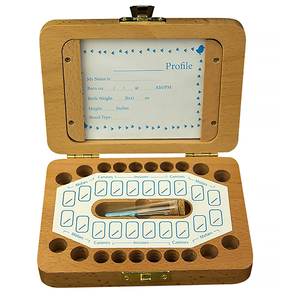 مجموعة واحدة من صندوق تذكار أسنان الطفل منظم تخزين الأسنان النفضية الخشبية لجمع ذاكرة الطفل الرضيع مع صورة ملامح الولادة