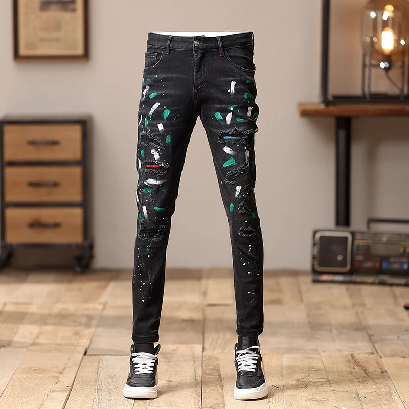 Graffiti Jeans Men's Autumn Street Fashion Black Tight Trousers Trousers Trendy Handsome Straight All-Matching Ripped Pants