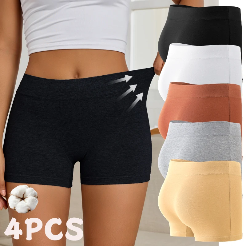 4PCS Women's Cotton Panties Solid Color Elastic Sports Boxers Shorts Underwear Seamless High Rise Breathable Lingerie Underpants