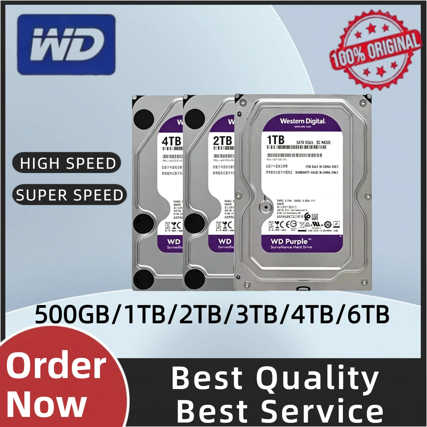 For WD Purple HDD 1TB-4TB 3.5 Inch SATA 6.0Gb/s Hard Drive, Portable Storage Disk for Home Security Monitoring Video Recorder