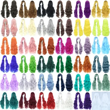 Peluca de pelo sintético de 80cm, rizado largo, para Cosplay, negro, rosa, rojo, verde, postizos para fiesta, sombreros, pelucas para disfraz de Halloween