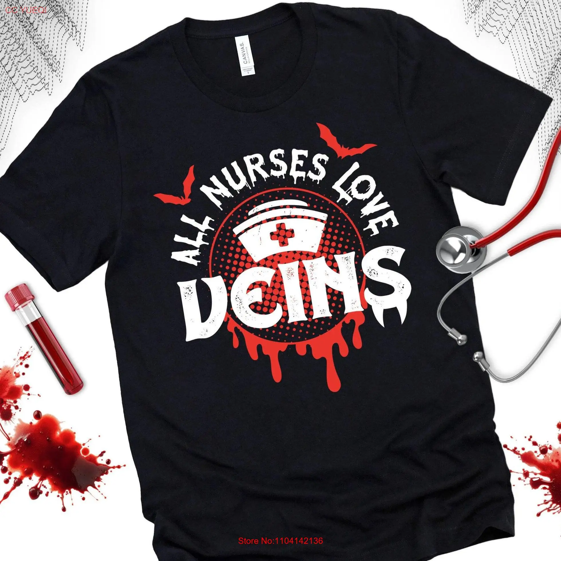 NURSES LOVE VEINS Vampire T Shirt Nurse Hospital Doctor Blood Clinic Medical Halloween bats long or short sleeves