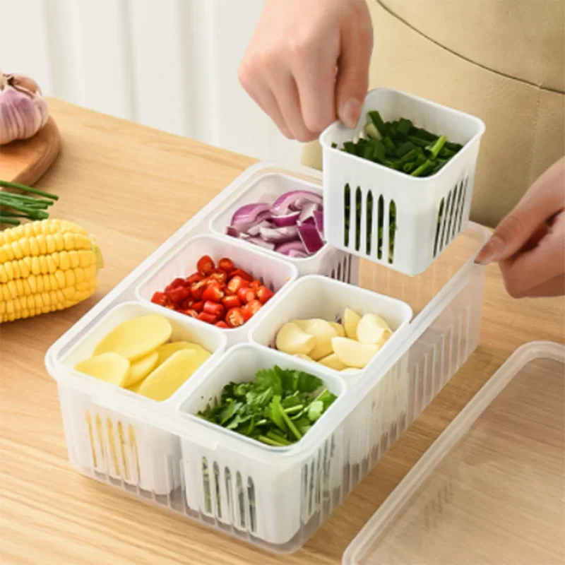 Refrigerator Storage Box 4/6 Compartment Food Vegetable and Fruit Storage Box Fridge Organiser Kitchen Storage Container