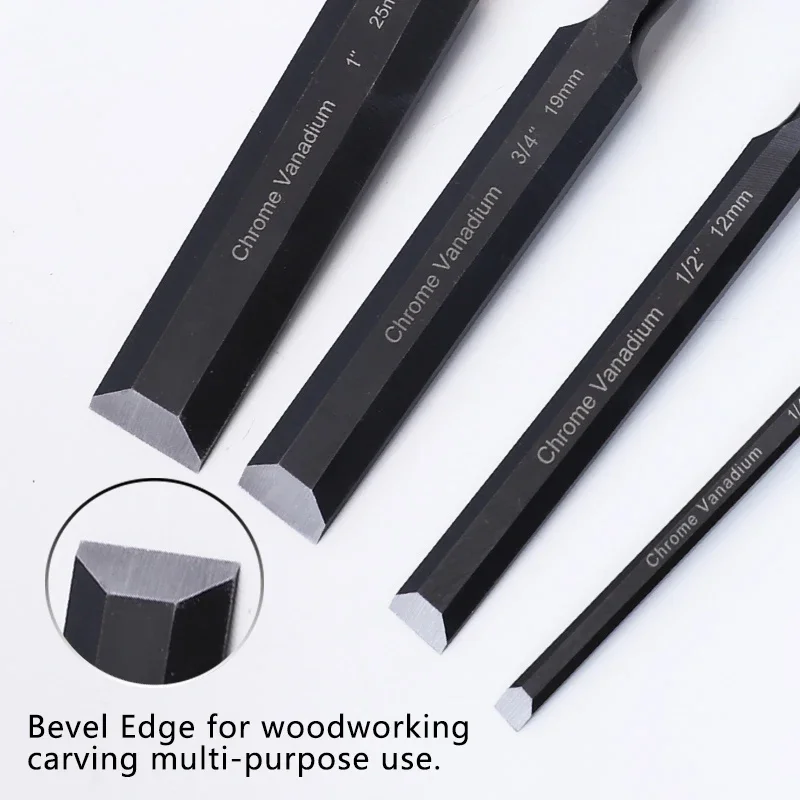 مجموعة إزميل الخشب الكروم الفاناديوم الصلب نحت حاد حافة شطبة قبضة لينة لنحت النجارة مع حقيبة لفة 4 قطعة