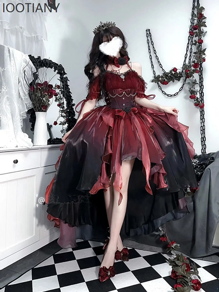 IOOTIANY Sposa Scuro Fiore Rosso Abito Da Sposa Cosplay Lolita Puff Principessa Victoria Irregolare Elegante Abito Retro Tea Party 2025