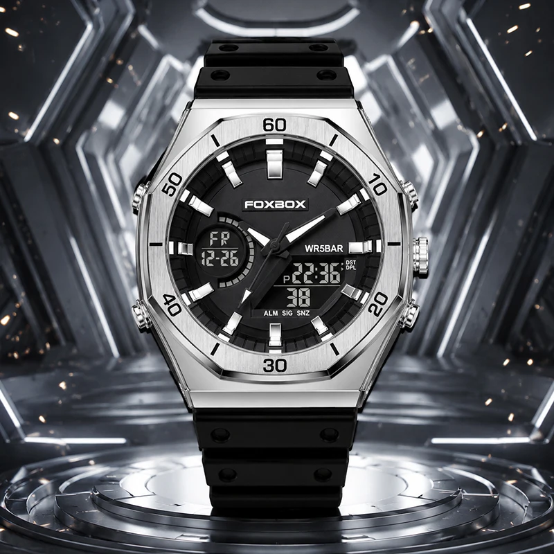 FOXBOX Men Sport Watch Analog Digital Dual Display Watch Men 5ATM Waterproof LED Chronograph Military Quartz Wristwatch Clock