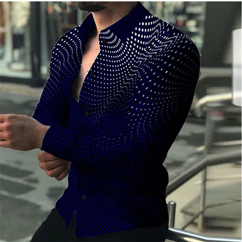 Men\'s Shirt Polka Dot Print Geometric Navy Teal Outdoor Street Long Sleeve Clothing Fashion Streetwear Designer Casual 6XL