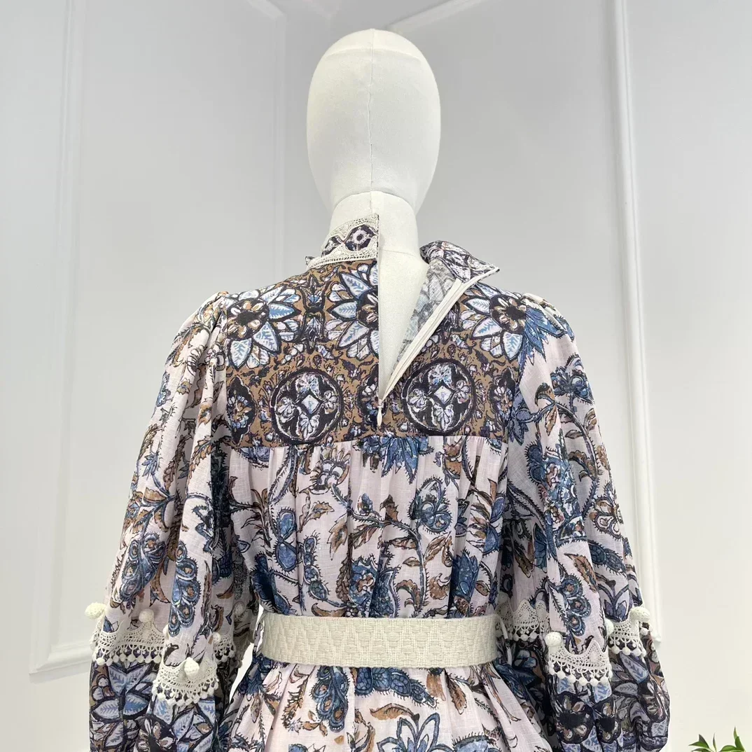 New Arrival 2023 Spring Summer Top Quality Vintage Floral Printing Belt Lantern Sleeve Self Bow Tie Neckline Woman Mini Dress