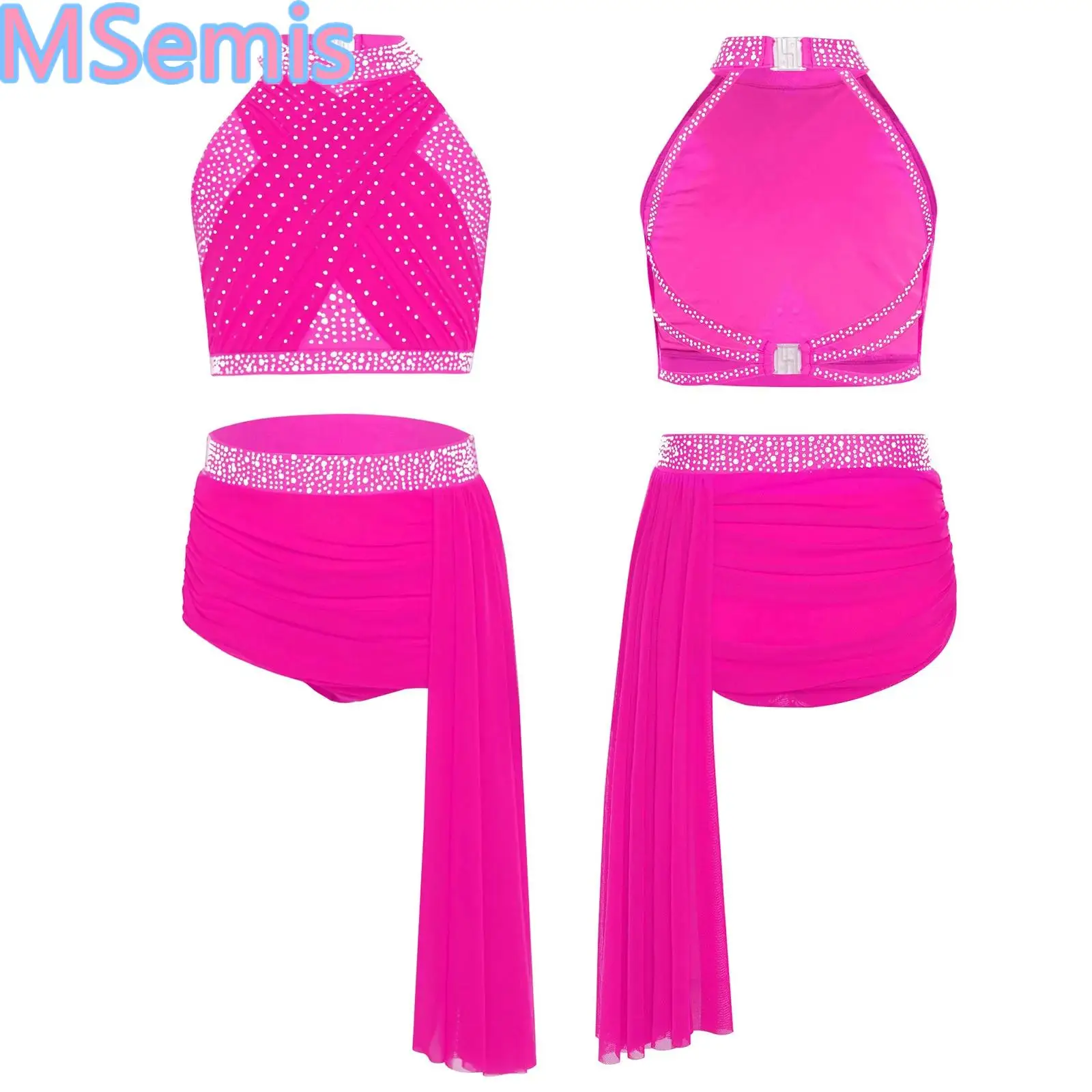 

Girls Modern Lyrical Dance Costume Outfit Rhinestones Halter Sleeveless Backless Mesh Overlay Crop Top Asymmetrical Mesh Skirt
