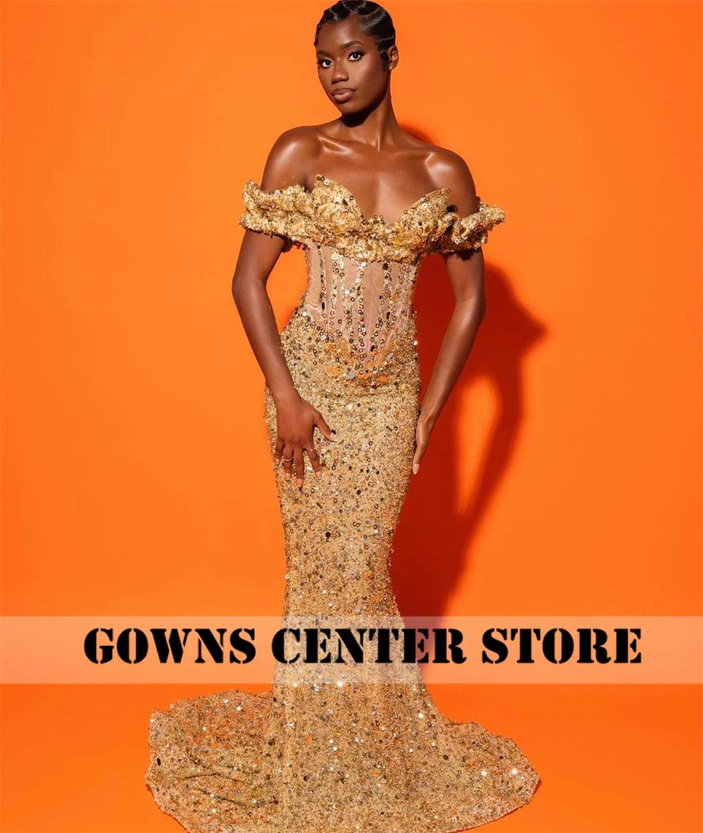 Ashimmer Gold Beaded Off The Shoulder Aso Ebi Luxury Evening Dresses 2024 Corset Mermaid African Wedding Dress Customized