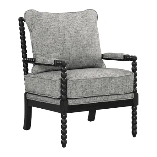 

Grey Textured Fabric Accent Chair With Black Turned Spindle Legs And Armrests