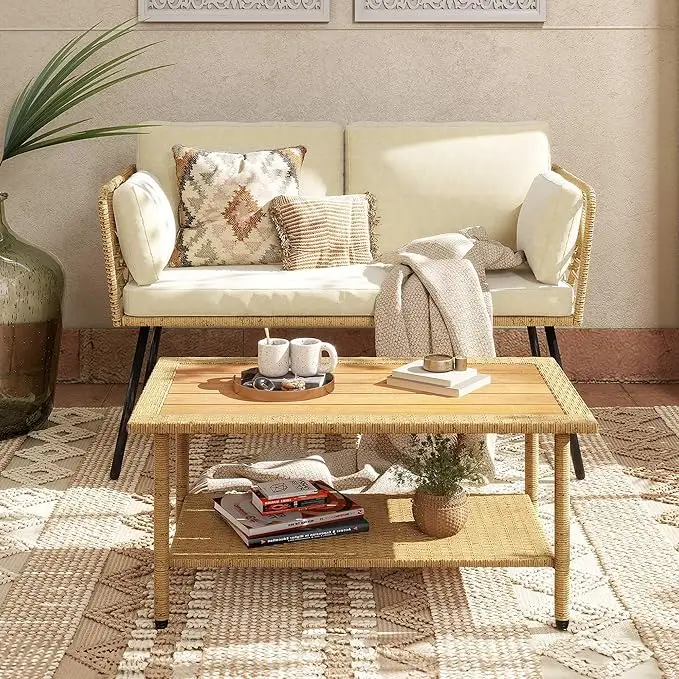 

2 Pieces Patio Furniture Set, All-weather Wicker Rattan Loveseat With Thick Cushions & Table, Outdoor Conversation Set
