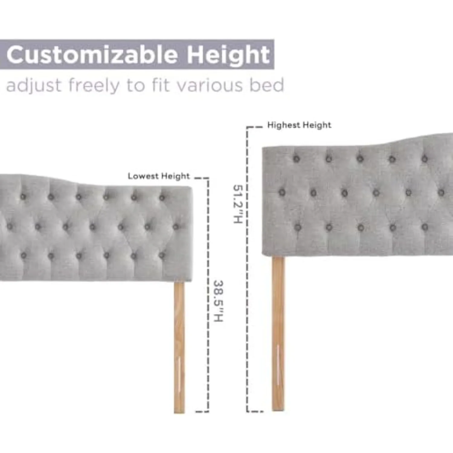 Upholstered Full Headboard, Button Diamond Tufted Headboards with Adjustable Height and Solid Wood Leg, Linen Fabric
