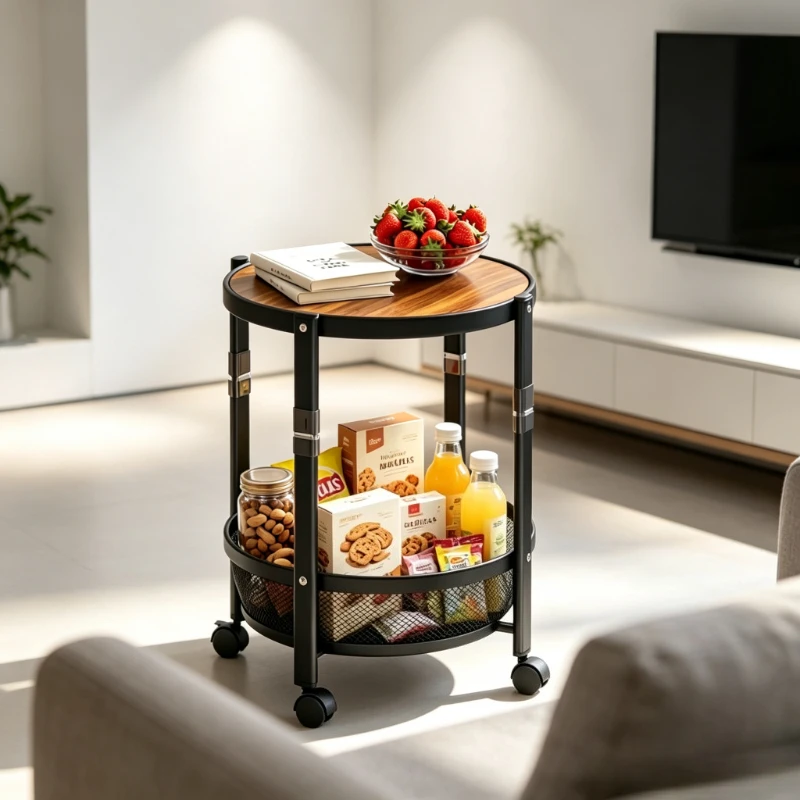 Multi-Tier Storage Shelf for Living Room & Small Apartment,Foldable Mobile Side Table, Rolling Coffee Table for Home Use
